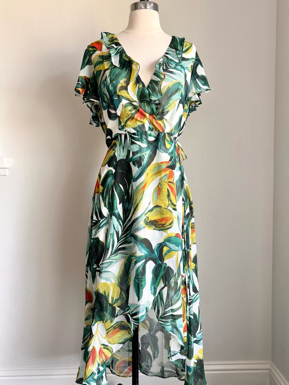 Julia Jordan Tropical Print Ruffle Front Flutter Sleeve Faux Wrap Dress, Sz 12